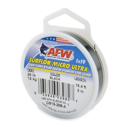 American Fishing Wire Surflon Micro Ultra Nylon Coated 1x19 Stainless Steel Leader Wire - Knottable Fishing Leaders Saltwater & Fly Fishing, 6lb Test - 61lb Test, Bright, Black & Camo Colors - color: Black, style: 5 Meter, 26 Pound Test