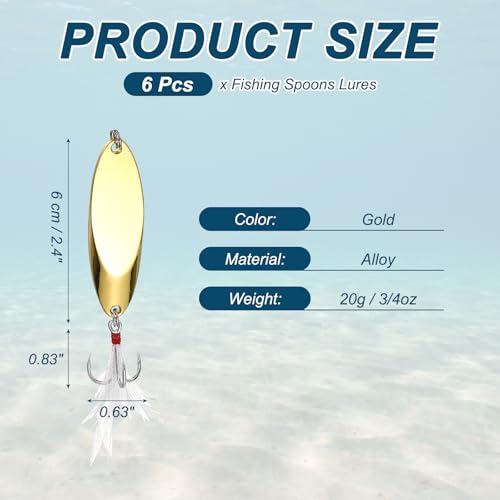 Fishing Spoons Lures Metal Saltwater Treble Trout Lures Jigging Spoon with Treble Hooks Spinner Baits for Freshwater - color: Gold, size: 20g / 3/4oz