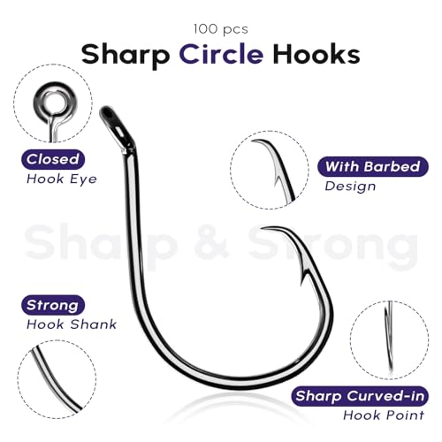100Pcs Circle Fishing Hooks, Carbon Steel Hooks for Saltwater Freshwater, Salt Water Fish Hooks for Trout Catfish Octopus - size: 3/0