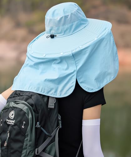 HUAMULAN Women Large Brim Sun Hat with Neck Flap, Men Quick Dry Hiking Fishing Safari Hat UPF 50+ - color: Blue With Mesh Panel