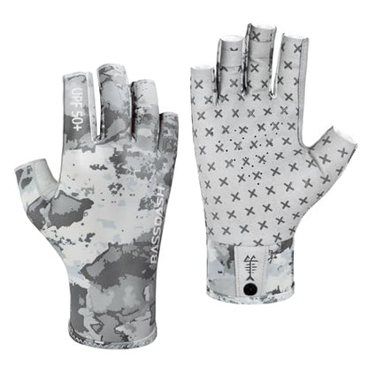 BASSDASH 3/4 Finger UPF 50+ Sun Gloves Breathable Anti-Slip Silicone Palm for Men Women Fishing Fingerless Cycling Running - color: Grey Abstract Camo, size: Large
