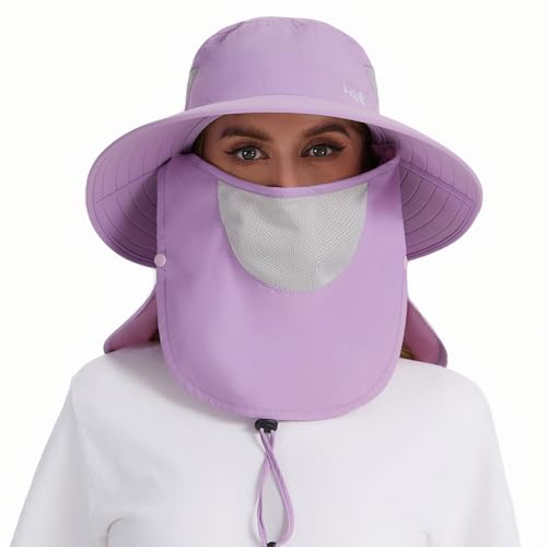 BASSDASH UPF 50+ Breathable Sun Hat with Removable Face Cover and Neck Flap Wide Brim Bucket Hat for Fishing Hiking Men Women - color: Light Purple