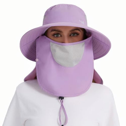 BASSDASH UPF 50+ Breathable Sun Hat with Removable Face Cover and Neck Flap Wide Brim Bucket Hat for Fishing Hiking Men Women - color: Light Purple
