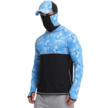 Men's Performance Fishing Shirts,Sun Protection Hoodie Long Sleeve UPF 50+ Hiking Shirt with Mask Cap - color: Blue 1, size: X-Large