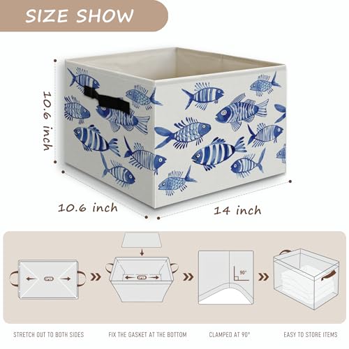 Blue Fish Beach Coastal Foldable Storage Bins Box with Handles, Watercolor Ocean Animals Fish Beachy Collapsible Organizer Basket for Beach Bedroom Bathroom Clothes Toys Books