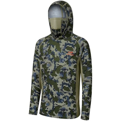 BASSDASH Men's UPF 50+ Camo Long Sleeve Hunting Fishing Hoodie Shirt - color: Green Vegetation Camo With Light Fawn Mesh, size: Medium