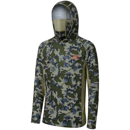 BASSDASH Men's UPF 50+ Camo Long Sleeve Hunting Fishing Hoodie Shirt - color: Green Vegetation Camo With Light Fawn Mesh, size: X-Large