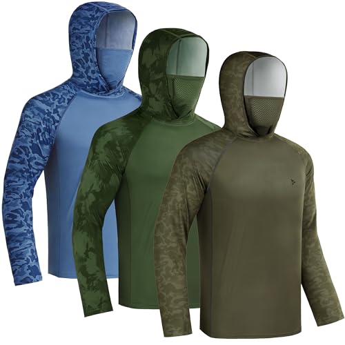 Rodeel UPF 50+ Men’s Long Sleeve Performance Fishing Hiking Shirt with Mask UV Neck Gaiter Hoodie - color: A2.3pack:blue,green,brown, size: Large