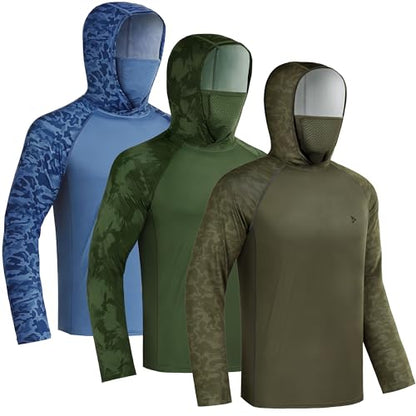 Rodeel UPF 50+ Men’s Long Sleeve Performance Fishing Hiking Shirt with Mask UV Neck Gaiter Hoodie - color: A2.3pack:blue,green,brown, size: XX-Large