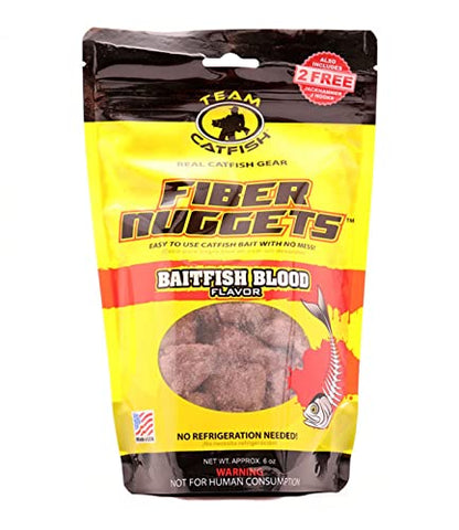 Team Catfish Fiber Nuggets (Baitfish Blood Flavor) Includes 6-Ounce resealable Bait Bag and 2 Jackhammer Hooks