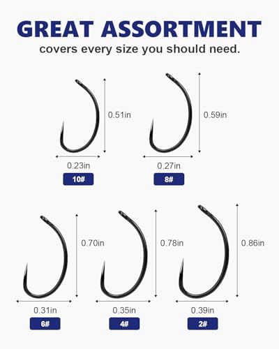 UCEC 190/220/260PCS Barbless Fishing Hooks, Carp Hooks Circle Curve Shank Fly Tying Fishing Hook Tackle Kit for Freshwater Saltwater Hair Rig Trout Size: 2# 4# 6# 8# 10# - size: 220PCS,2# 4# 6# 8# 10#