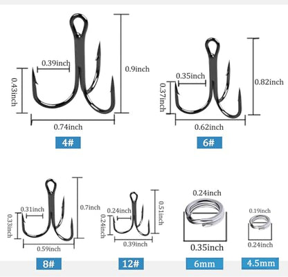 Treble Hooks and Split Rings Kit, 130Pcs Assorted Classic High Carbon Steel Fishing Triple Hooks Heavy Duty Stainless Steel Split Ring for Fishing Lures Saltwater Freshwater