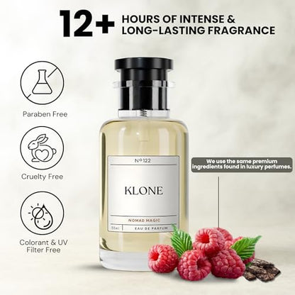 Klone Nomad Magic Eau de Parfum Scents (50ml) - Long Lasting Cologne for Men Inspired by Ombre Nomade - Skin Friendly Perfume for Men with Notes of Oud, Raspberry & Frankincense - Paraben Free