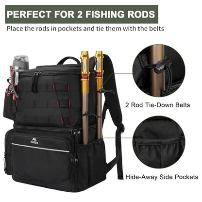 MATEIN Fishing Backpack, Water Resistant Tackle Storage Bag with Rod Holders & Cooler, Fishing Gifts for Men - color: Black - Large