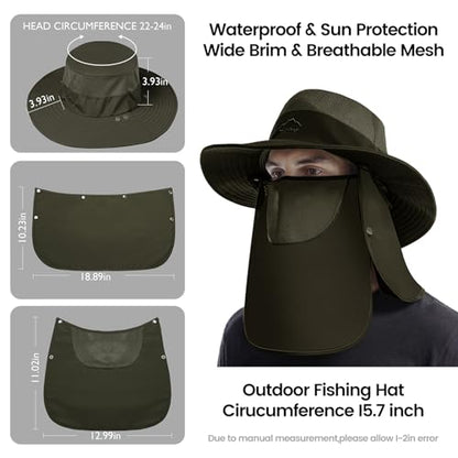 Sun Hats for Men Women, UPF 50+ Waterproof Bucket Hat, Wide Brim Fishing Hat with Removable Face Cover & Neck Flap - color: Light Grey