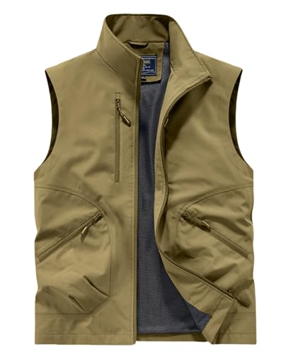 Utility Vest for Men Fishing Golf Travel Hiking Photo Outwear Lightweight Sleeveless Jacket with Pockets - color: Khaki1, size: Small