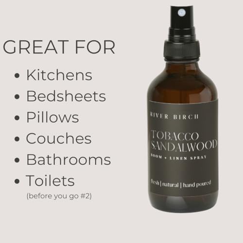 River Birch Tobacco Sandalwood Scented Linen and Room Spray | Home Fragrance | 4 oz Glass Amber Bottle | Luxury Signature Scent | Handmade in Texas - color: Tobacco Sandalwood