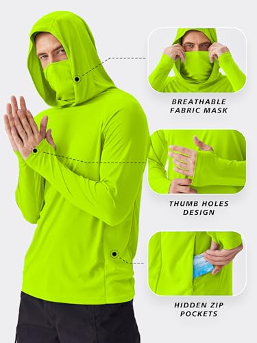 PINSPARK Men's Sun Protection Hoodie with Mask UPF 50+ UV Long Sleeve Shirt Men Rash Guard Performance Fishing Hiking Shirt - color: Lemon Green, size: 3X-Large