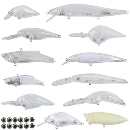 Unpainted Fishing Lures Making Kit DIY Blank Lures Crankbaits Minnow Jerkbait Hard Bait Set with Treble Hooks, Split Rings, Lure Eyes, Lure Stickers Lure Making Supplies Make Your Own Fishing Lures - style: 12pcs Lures Kit