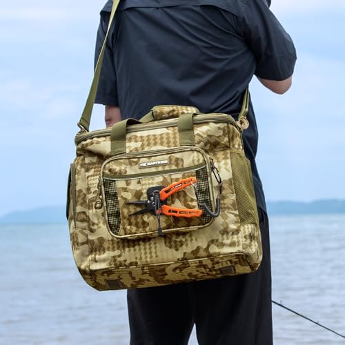 KastKing BaitSpace Fishing Tackle Bag With 4 Tackle Boxes & Removable Bait Binder, Water-Resistant Tackle Storage, Durable Fishing Gear, Adjustable Shoulder Strap - color: E: Khaki Camo, size: Large - 4*3600 Trays