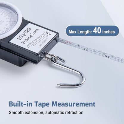 Goture Fishing Hanging Scale + Rope + Ruler, Mechanical Kitchen and Fish Fishing Scale, Multi-Purpose Portable Hand Held Dial Weight Scale with Tape Measure (50 Lbs / 22Kg) - color: Fishing Scale + Rope + Ruler