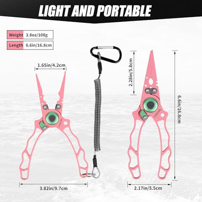 Fishing Pliers with Innovative Ergonomical Handle, Corrosion Saltwater Resistant,Fishing Multitool Hook Remover Braided Fishing Line Cutting, Split Ring with Coiled Lanyard and Sheath - color: Pink-6.6"