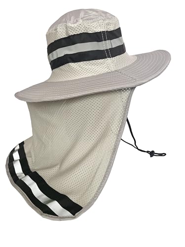 Men's Wide Brim Boonie Bucket Sun Hat with Neck Flap, High Visibility Reflective Stripes, UV Protection - color: Light Grey