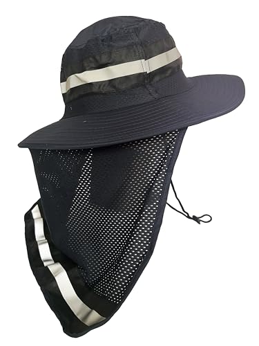 Men's Wide Brim Boonie Bucket Sun Hat with Neck Flap, High Visibility Reflective Stripes, UV Protection - color: Navy
