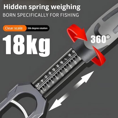 2-in-1 Fish Gripper with Scale, Aircraft-Grade Aluminum Alloy Heavy Duty Fish Lip Holder, MX 18KG Fishing Gripper with Scale, TPR Dual-Color Handle & Rotating Design – Ideal for Anglers (Red) - color: Red