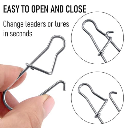 Alownder 100-Pack Fishing Snaps Duo Lock Snaps Kit, 37-183LB Stainless Steel Lure Snap Speed Quick Change Clips, 1-8# High Strength Fast Snap Swivels Hooks Lures Connector Set Freshwater Saltwater
