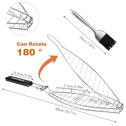 Fish Grill Basket, Heavy Duty Stainless Steel Grilling Basket with Removable Wooden Handle & Bonus Basting Brush, BBQ Accessories for Outdoor Camping Picnic, Cook Whole Fish, Seafood, Vegetables