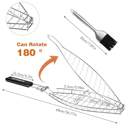 Fish Grill Basket, Heavy Duty Stainless Steel Grilling Basket with Removable Wooden Handle & Bonus Basting Brush, BBQ Accessories for Outdoor Camping Picnic, Cook Whole Fish, Seafood, Vegetables