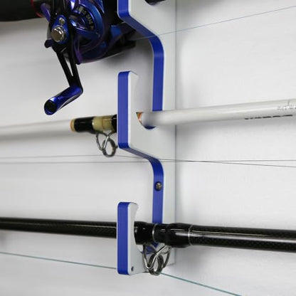 TRAPSKI Made in the USA Premium Fishing Rod/Pole Holder Rack Organizer | Wall or Boat Mounting Fishing Rod Rack | Marine Grade HDPE Plastic | Pole Holder for up to 3 Rods | Stackable - color: H3 White/Blue