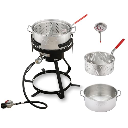 Feasto 10 Qt Outdoor Propane Gas Fish Fryer Pot Kit with Strainer Basket | Aluminum, 50,000 BTU Burner, Adjustable 0-5 PSI Regulator, Perfect for Boiling and Frying - size: 10