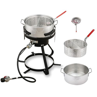Feasto 10 Qt Outdoor Propane Gas Fish Fryer Pot Kit with Strainer Basket | Aluminum, 50,000 BTU Burner, Adjustable 0-5 PSI Regulator, Perfect for Boiling and Frying - size: 10