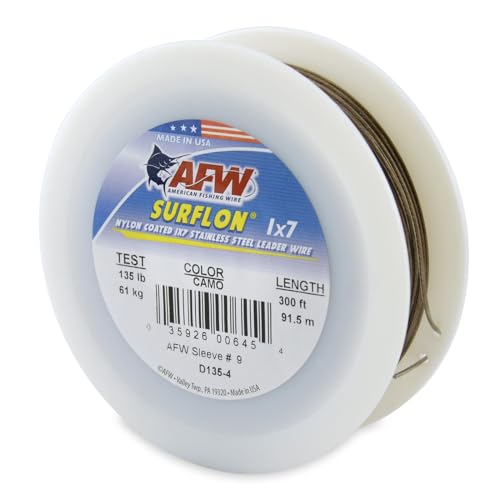 American Fishing Wire Surflon Nylon Coated 1x7 Stainless Steel Wire Leader - Wire Fishing Leader Line for Saltwater 10lb Up To 250lb Test in Bright, Black, Camo in 30ft, 100ft, 300ft, & 1000ft Lengths - color: Camo, style: 300 Feet, 135 Pound Test