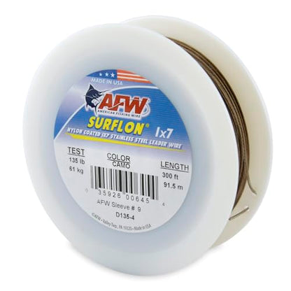 American Fishing Wire Surflon Nylon Coated 1x7 Stainless Steel Wire Leader - Wire Fishing Leader Line for Saltwater 10lb Up To 250lb Test in Bright, Black, Camo in 30ft, 100ft, 300ft, & 1000ft Lengths - color: Camo, style: 300 Feet, 135 Pound Test
