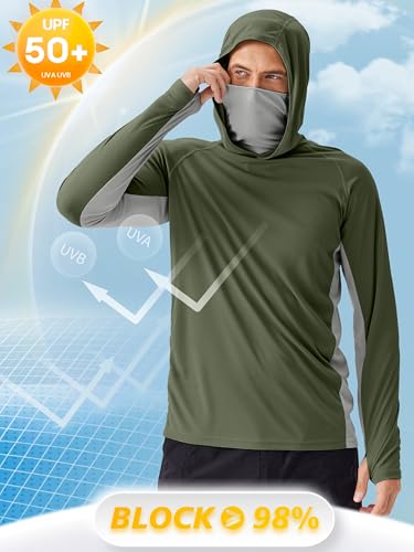 PINSPARK Men's Sun Protection Hoodie with Mask UPF 50+ UV Long Sleeve Shirt Men Rash Guard Performance Fishing Hiking Shirt - color: Army Green, size: 3X-Large