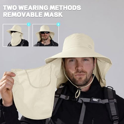 Rosoz Sun Hat for Men Women with Neck Flap,Wide Brim UPF50+ Fishing Hat with Detachable Face Cover Outdoor Sun Protection Hat - color: 1pack-ivory