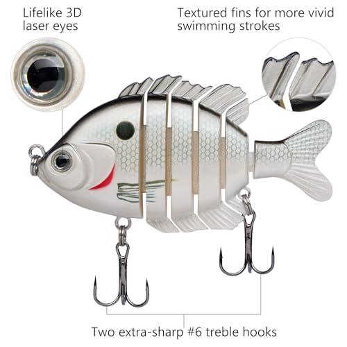 BASSDASH SwimPanfish Multi Jointed Panfish Bluegill Swimbaits Hard Topwater Bass Lures Fishing Lure Crank Saltwater 3.5in/0.85oz - color: White Shad
