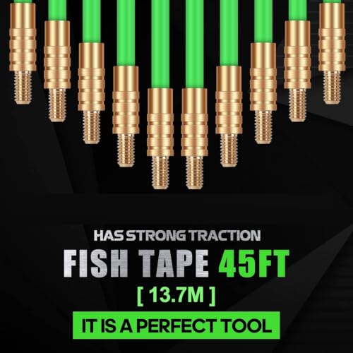FTIHTRY 45FT Fiberglass Running Electrical Wire Cable Glow Rods Wire Pulling, Fish Rods Electrical Kit with 8 Different Attachments and Fish Tape Wire Puller Kit - style: 45FT