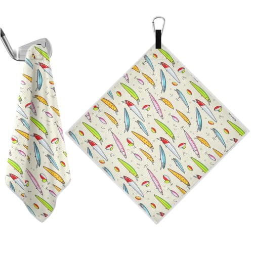 Fish Hook Beige Pattern Magnetic Golf Towel for Men, 17.7"x17.7" Golf Bag Towel with Carabiner Clip & Hidden Magnet, Heavy Duty Golf Club Cleaner - color: Fish Hook Beige