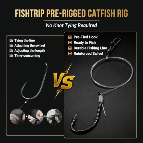 FishTrip Pre-Rigged Catfish Rig, Baitholder Fishing Hook Rig for Freshwater | 10pcs Double Barbed Long Shank Offset Fish Hook Rigs with Leader Line, Fishing Swivel & Snaps for Catfish, Carp, Bass 1/0-5/0 - size: 5/0#~10pcs