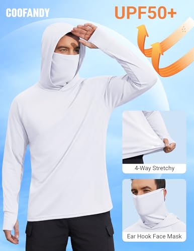 COOFANDY Mens UPF 50+ Sun Protection Hoodie with Mask Lightweight Long Sleeve SPF Fishing Shirts UV Hiking Running Rash Guard - color: White, size: 3X-Large