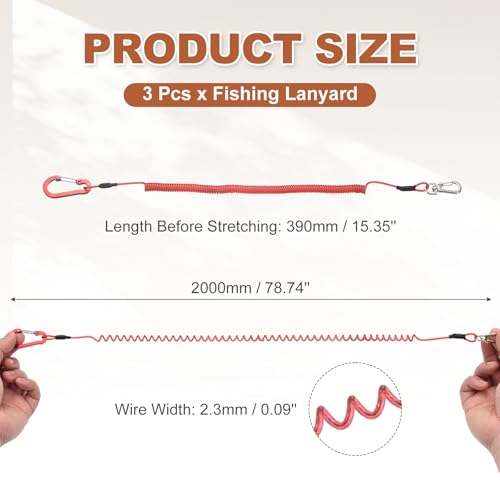 PATIKIL Fishing Lanyard, (78.74" Length, Red) (3Pcs), Retractable Coiled Tether Anti-Lost Rope Coiled with Carabiners and 360° Safety Buckle, Suit for - Fishing/Hunting/Hiking/Boating - color: Red, size: 78.74"