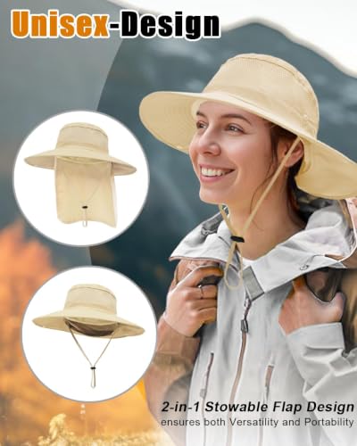 Outdoor Sun Hats with Stowable Neck Flap for Men Women UPF 50+ Mesh Summer Bucket Hat Wide Brim for Fishing Safari Hiking - color: Beige