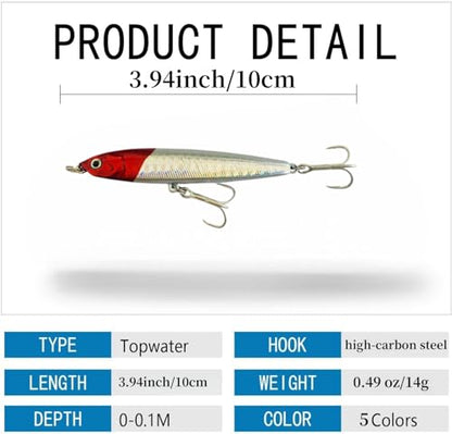 0.49oz/0.35oz Topwater Fishing Lures, 5 Pcs Fishing Lure Saltwater with Storage Box Jerkbait Crankbait Lures for Halibut & Striper Fishing Swimbait for Freshwater and Saltwater Bass Fishing - color: 14g