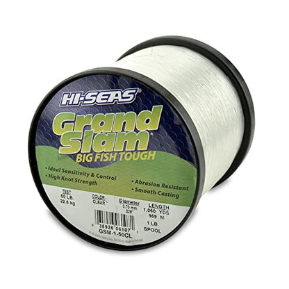HI-SEAS Grand Slam Monofilament Fishing Line - Strong & Abrasion Resistant in Clear, Pink, Green, Smoke Blue, Fluorescent Yellow Freshwater & Saltwater - 1 lb Spool - color: Clear, style: 50 Lb Test, 0.70 Mm Dia, 1060 Yd