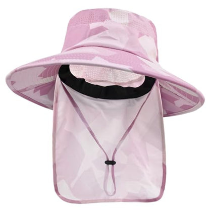 Sun Hats for Men Women Fishing Hat UPF 50+ Breathable Wide Brim Bucket Hats Summer UV Protection Safari Hat with Neck Flap - color: Camo Pink