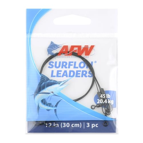 AFW Surflon Fishing Leaders – Black Nylon Coated Stainless Steel Wire, Swivel & Snap, 3 Pack, Variety Pack – Strong Leader Line for Catfishing & Toothy Game Fish - size: 45 lb, style: 12 Inch